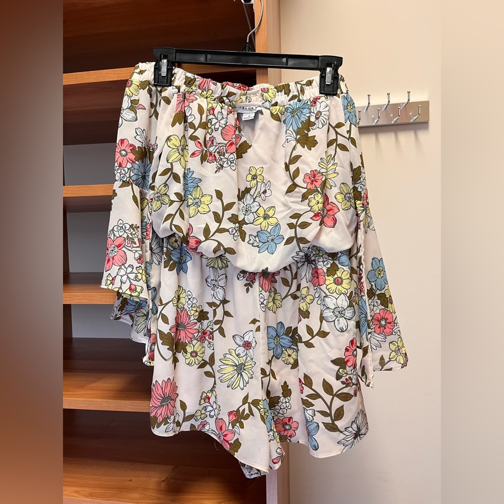 Favlux off the shoulder romper, size small, blue, yellow, pink, & white flowers